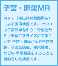 子宮・卵巣MR ＭＲＩ（核磁気共鳴画像法）による画像検査です。 ＭＲＩは子宮卵巣を中心に骨盤を数ミリ単位でスライスにすることで 子宮・卵巣がんや子宮筋腫、子宮筋膜症、卵巣腫瘍、などの 早期発見をすることを目的とした検査です。